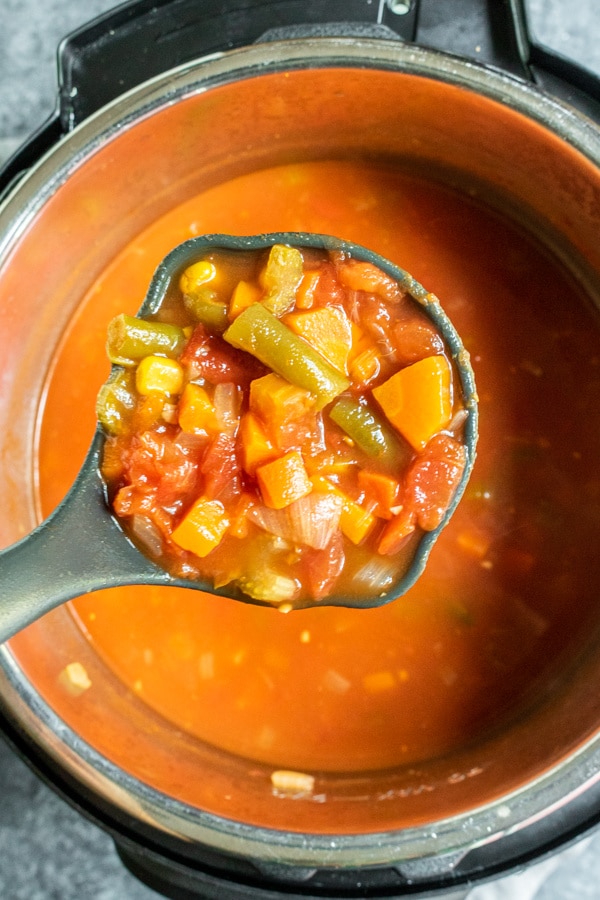 ladle full of Instant Pot Vegetable Soup in instant pot