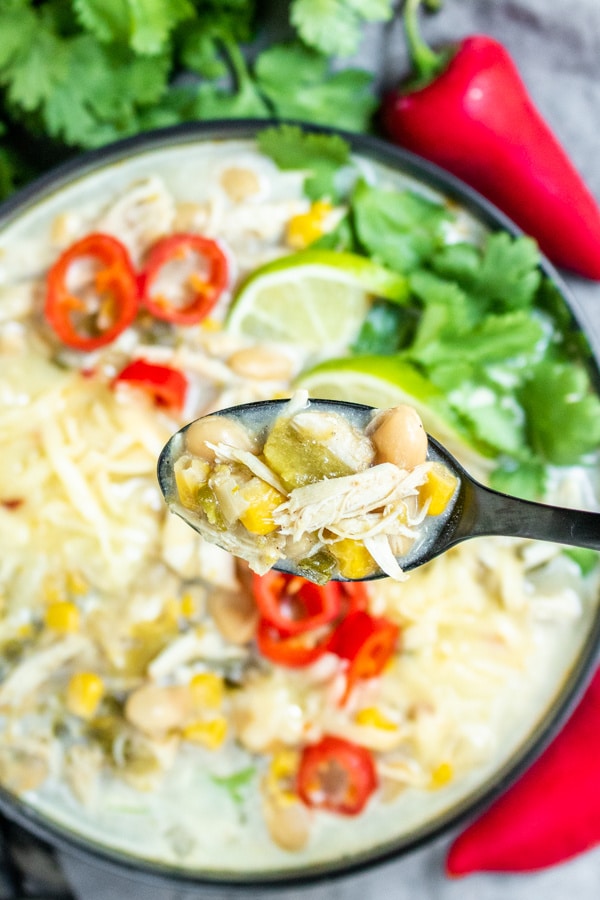 Instant Pot White Chicken Chili on a spoon