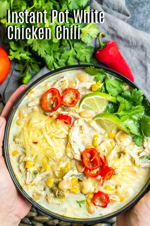 Pinterest image of Instant Pot White Chicken Chili with title text