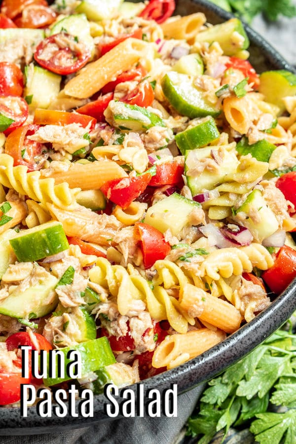 Pinterest image for tuna pasta salad with title text