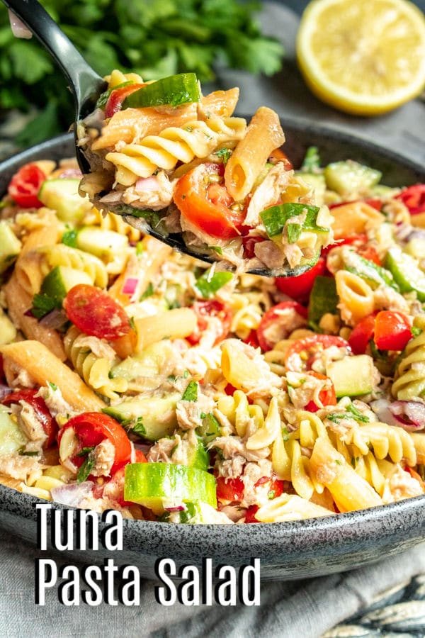 Pinterest image for tuna pasta salad with title text