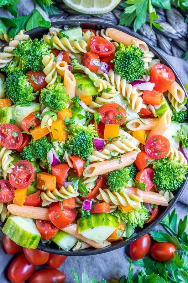 bowl full of vegan pasta salad