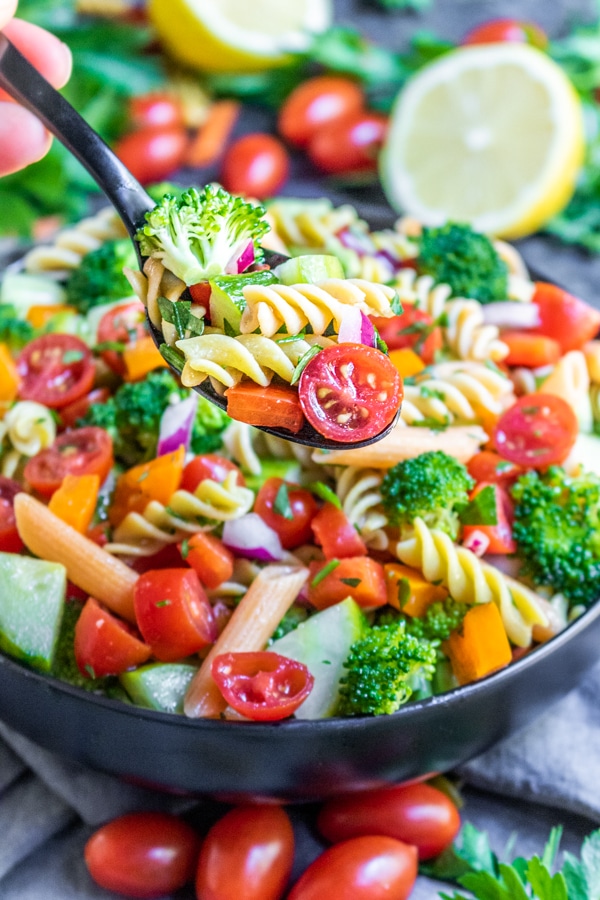 serving vegan pasta salad