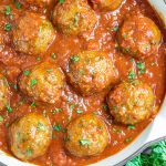 skillet filled with Baked Turkey Meatballs