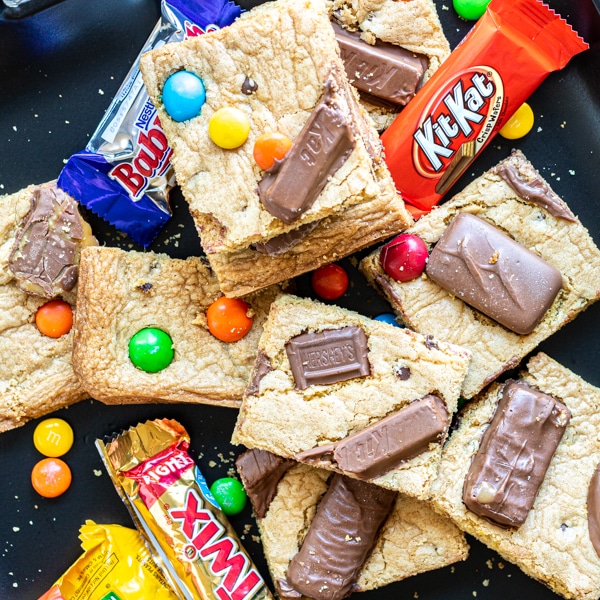 Candy Bar Cookie Bars with fun size candy bars