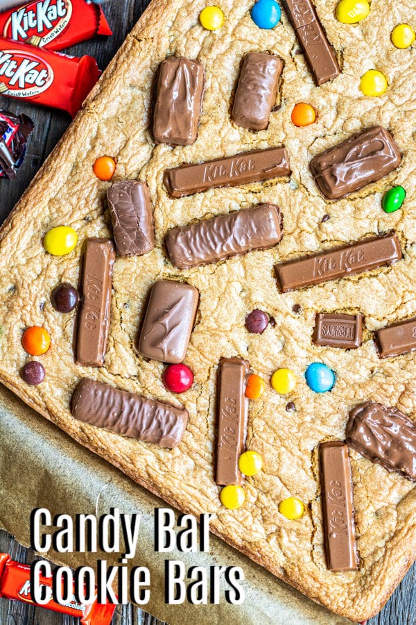 Pinterest image for Candy Bar Cookie Bars with title text