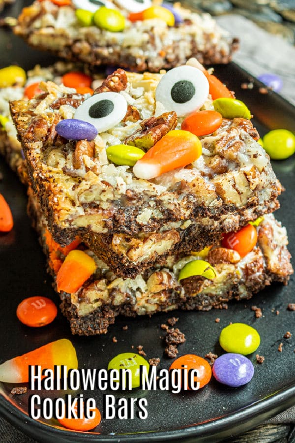Pinterest image for Halloween Magic Cookie Bars with title text
