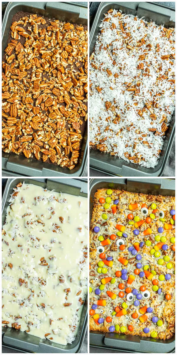 Steps for making Halloween Magic Cookie Bars from step 1 to the finish