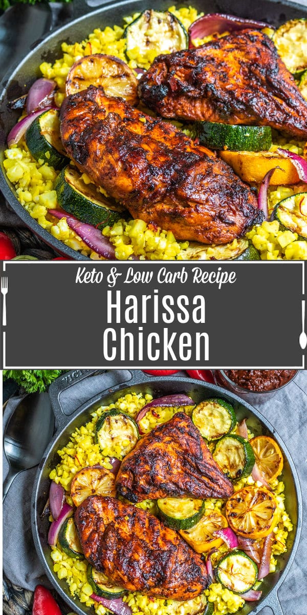Pinterest image of Harissa Chicken with title text