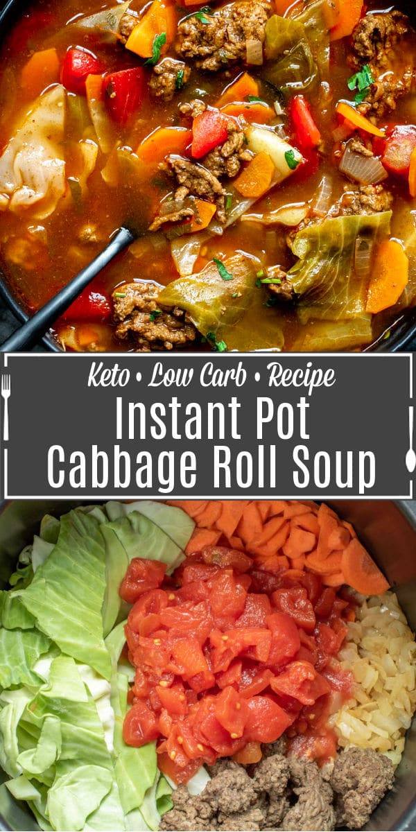 Pinterest image for Instant Pot Cabbage Roll Soup with title text