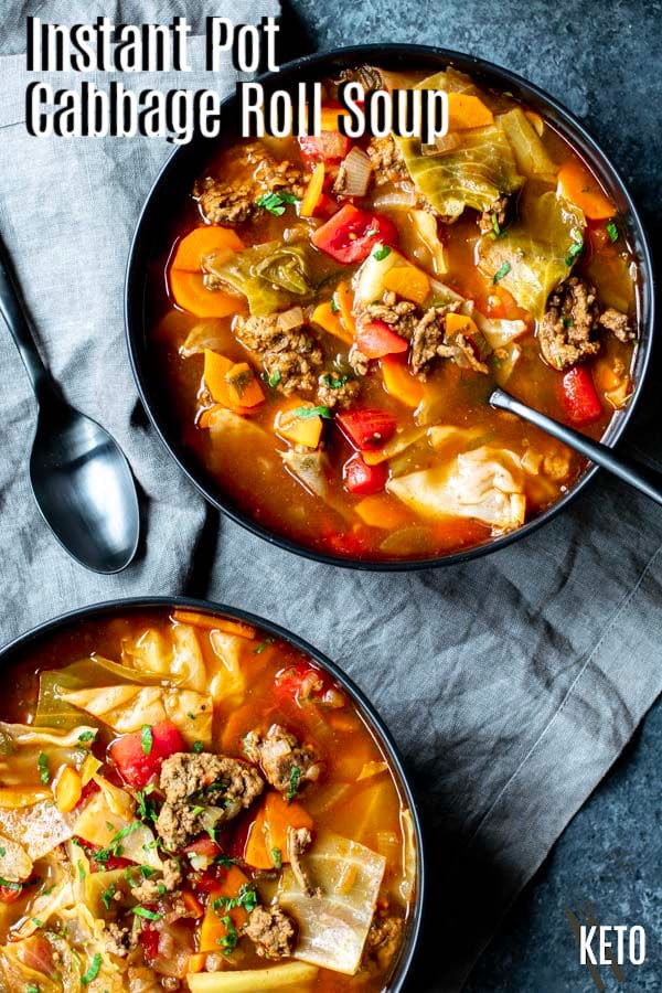 Pinterest image for Instant Pot Cabbage Roll Soup with title text
