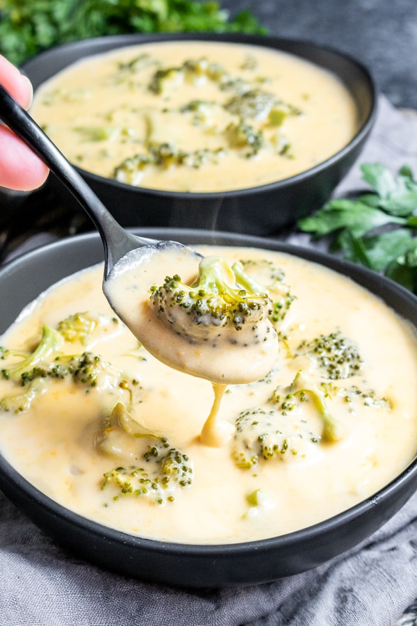 steaming hot Keto Broccoli Cheese Soup in a bowl