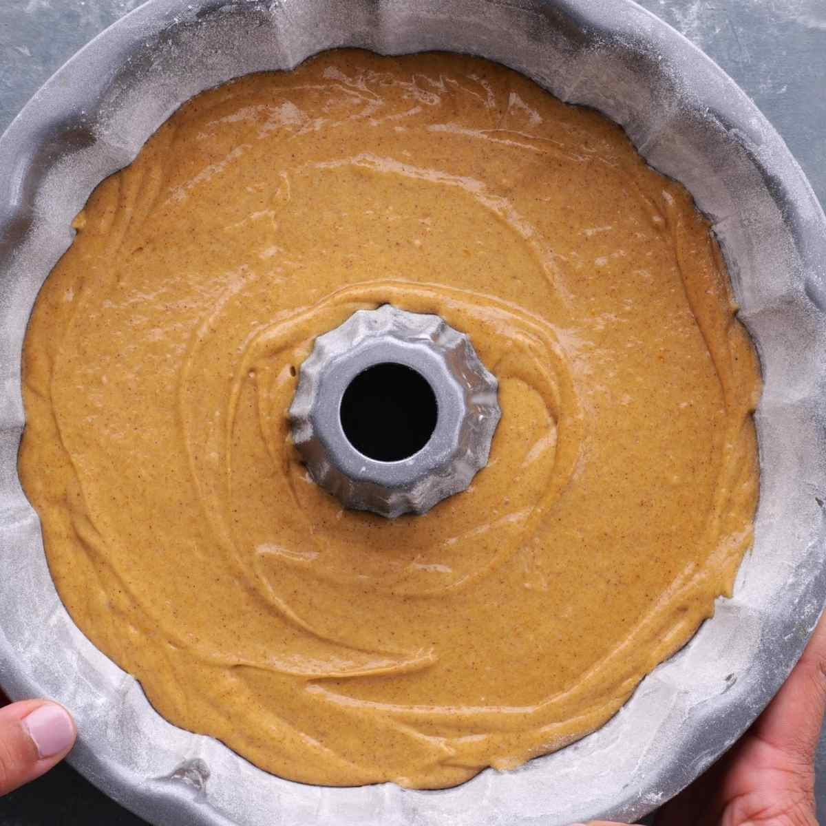 pumpkin bundt cake batter in pan