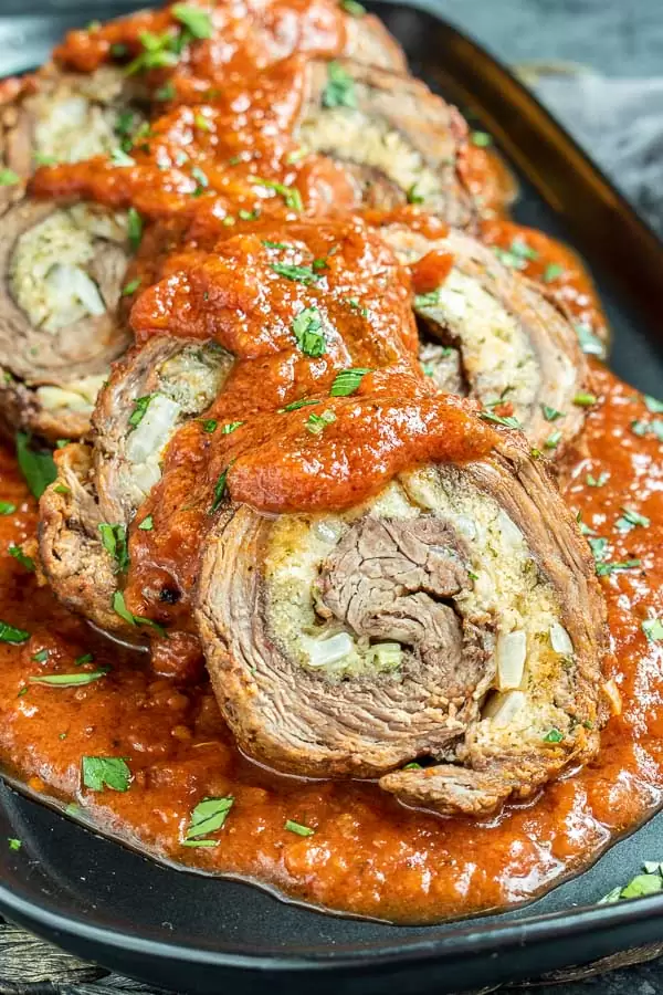 Beef Braciole on serving platter for the holidays