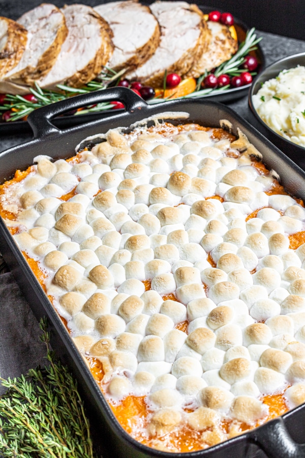 Thanksgiving dinner with Sweet Potato Casserole with Marshmallows