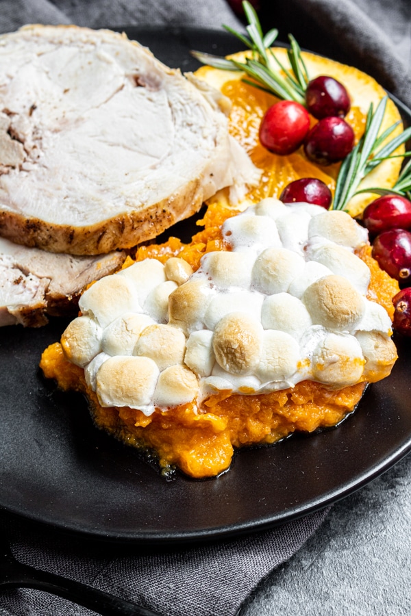 Thanksgiving plate with Sweet Potato Casserole with Marshmallows
