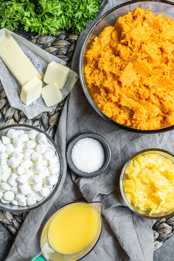 ingredients to make Sweet Potato Casserole with Marshmallows