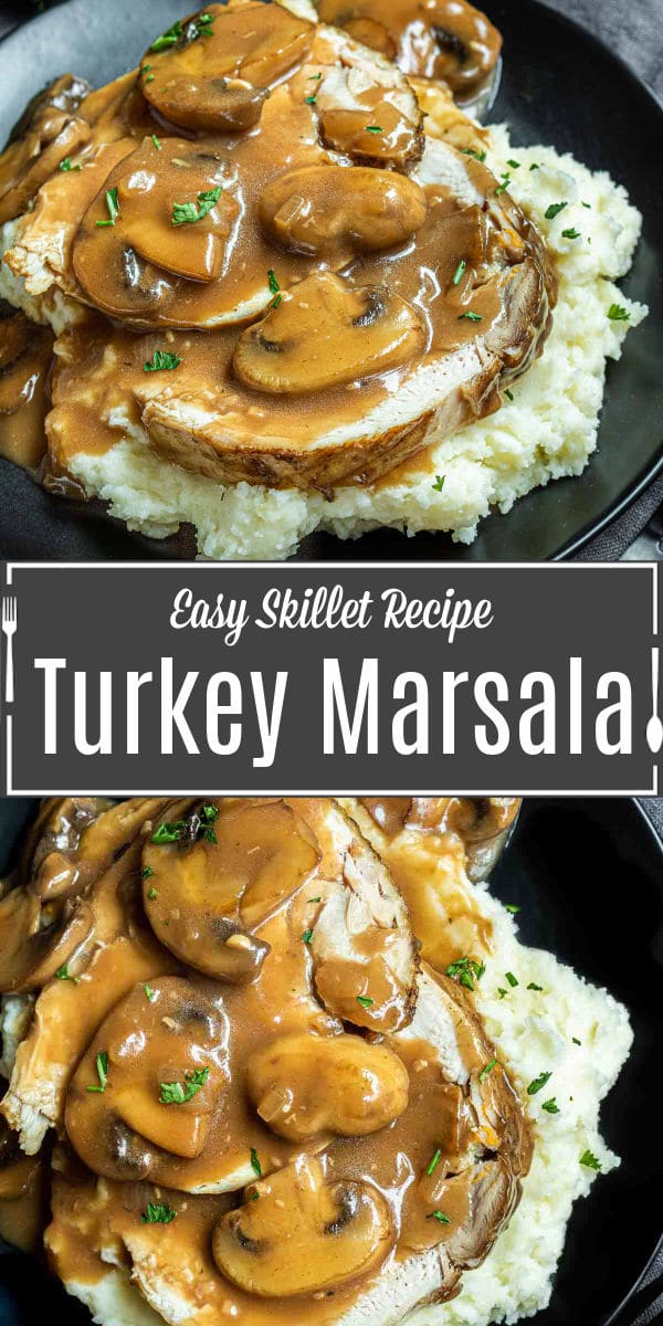 Pinterest image for Turkey Marsala with title text