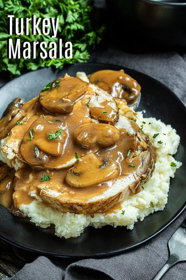 Pinterest image for Turkey Marsala with title text