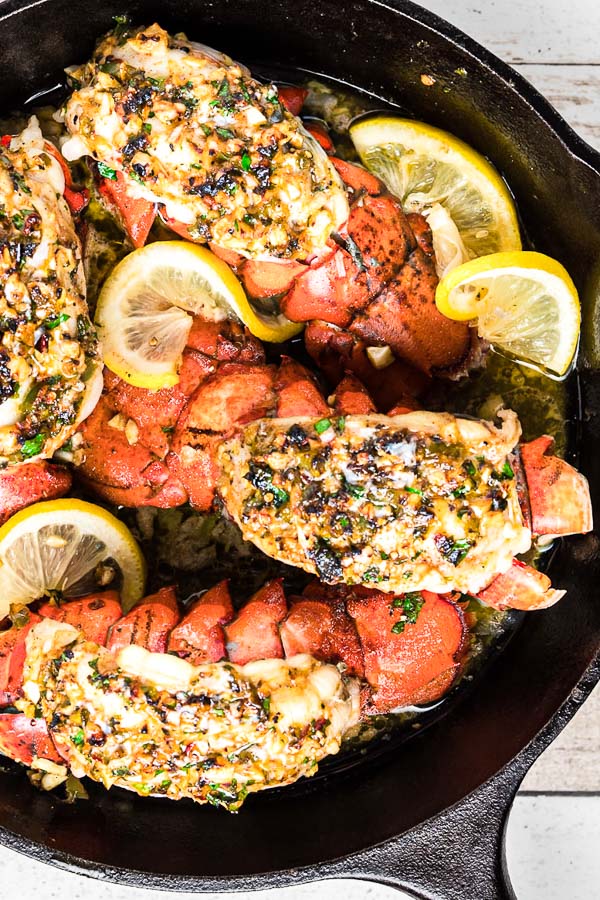 Broiled Lobster Tail in a cast iron skillet