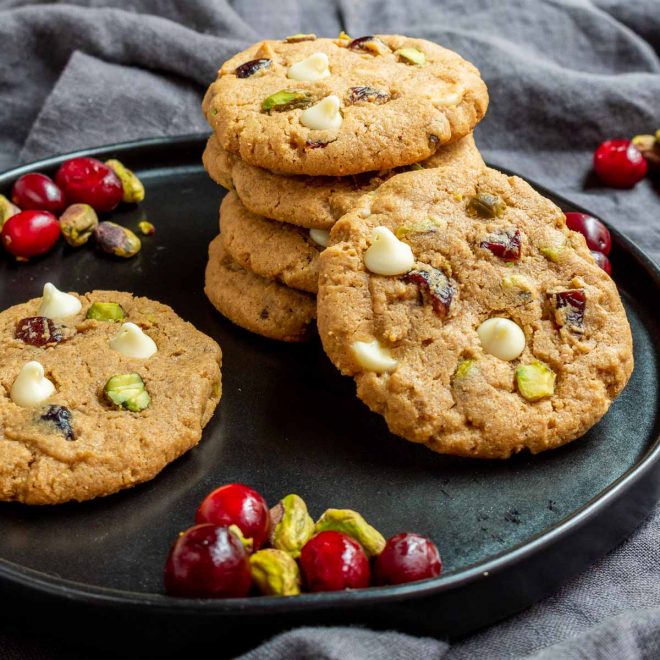 Keto Pistachio and Cranberry Cookies on a plate