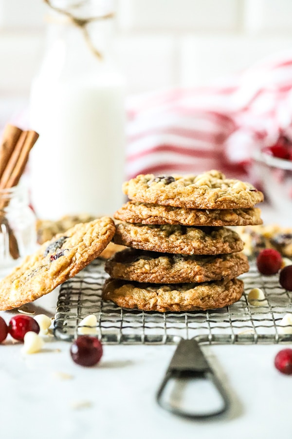 Oatmeal White Chocolate Cranberry Cookies stacked pile