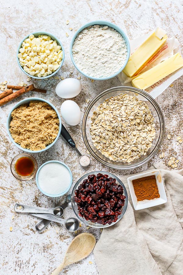 ingredients for mixing Oatmeal White Chocolate Cranberry Cookies