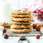 Stack of White Chocolate Oatmeal Cranberry Cookies on a wire rack