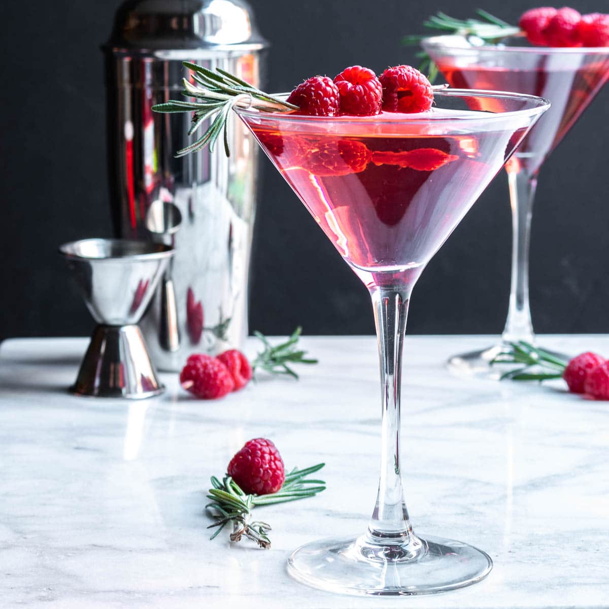 Raspberry Martini garnished with raspberries