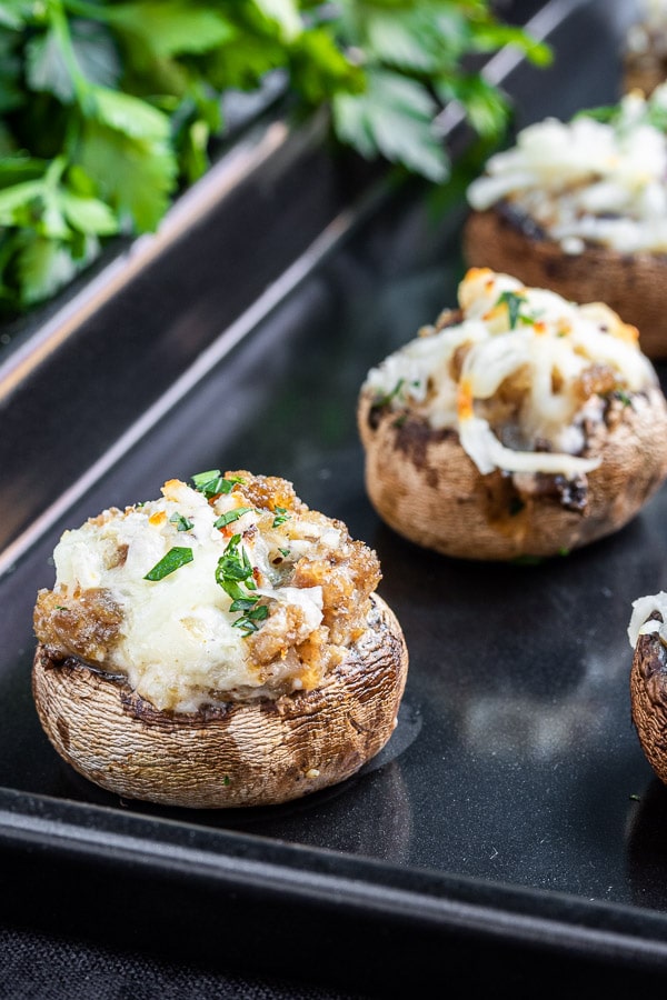 low carb Stuffed Mushrooms with Sausage on a pan