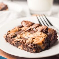 Homemade peanut butter brownie on a plate with a fork