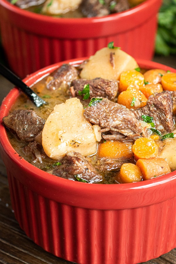 Instant Pot Beef Stew in a red bowl