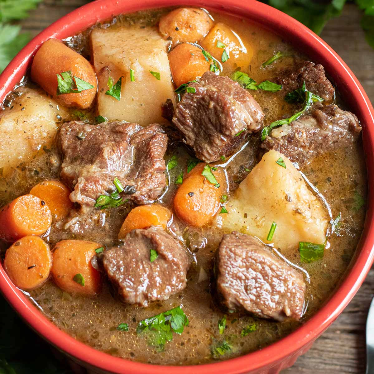 bowl of Instant Pot Beef Stew with beef, potato and carrots
