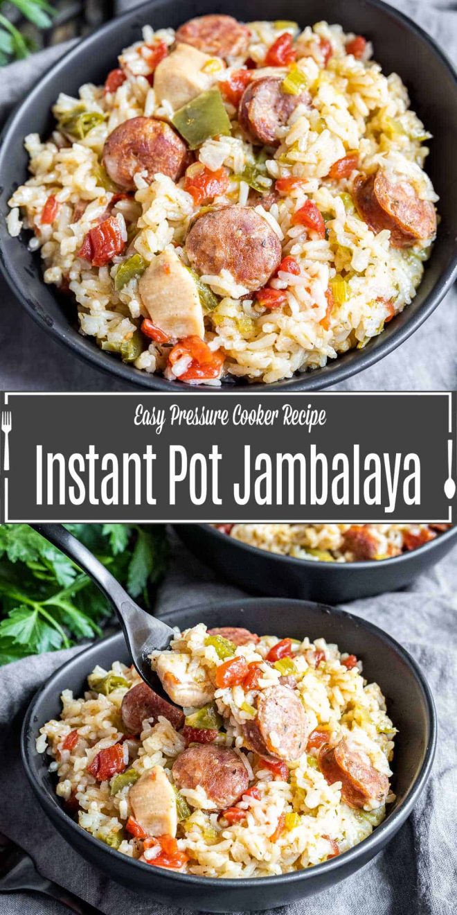 Pinterest image of Instant Pot Jambalaya with title text