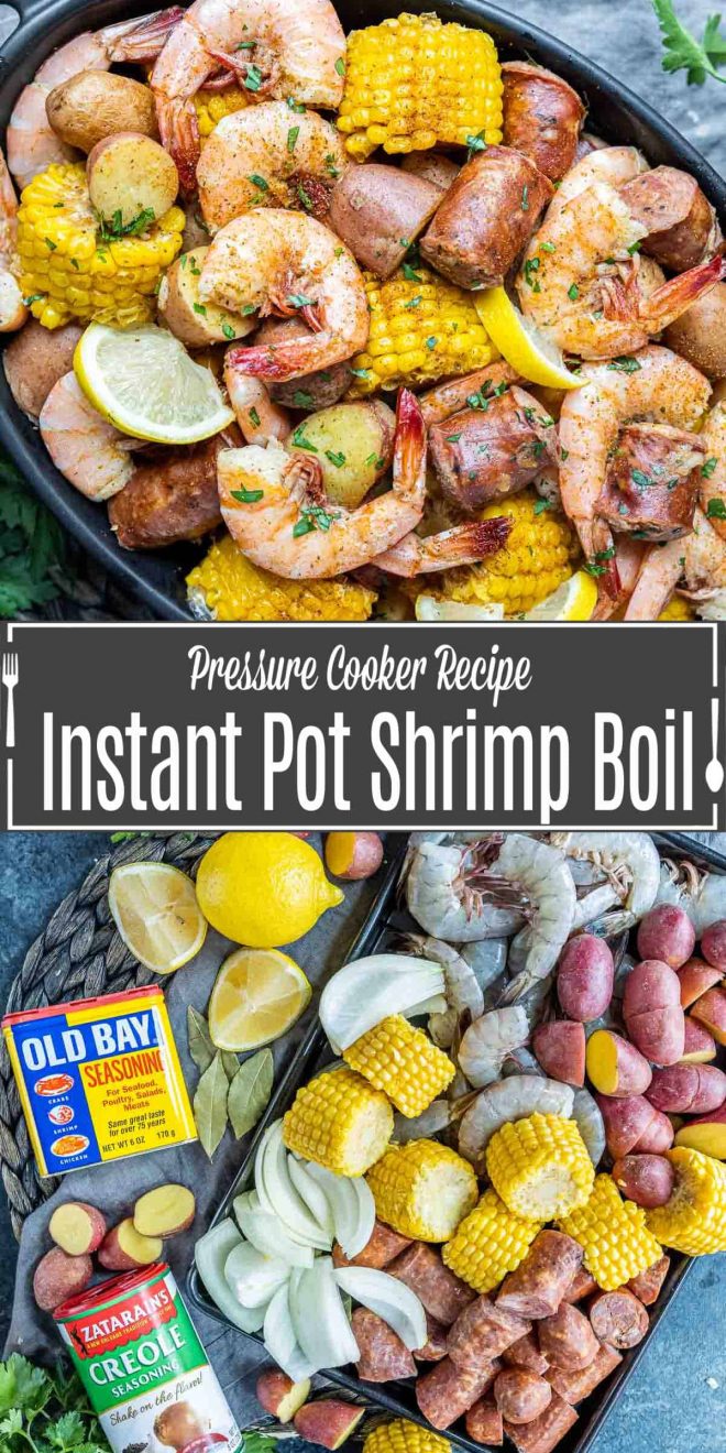 Pinterest image for Instant Pot Shrimp Boil with title text