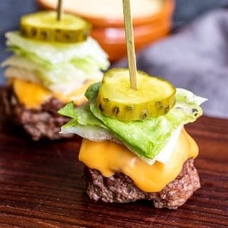 Keto Big Mac Bites with lettuce, cheese and pickle