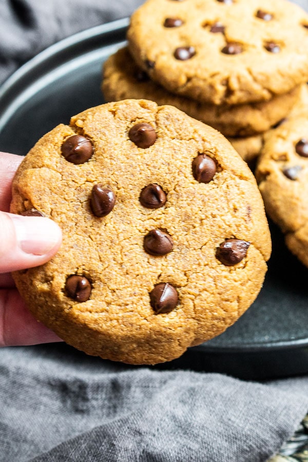 hand holding a Keto Peanut Butter Cookies with Chocolate Chips