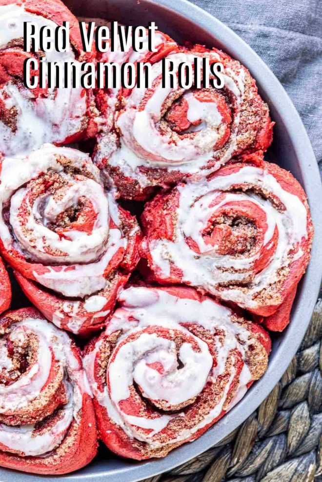 Pinterst image of Red Velvet Cinnamon Rolls with title text