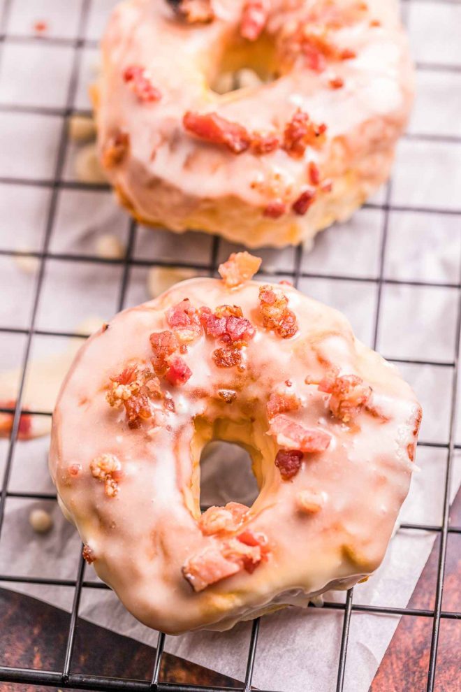 Air Fryer Maple Bacon Donuts with a bacon crumble