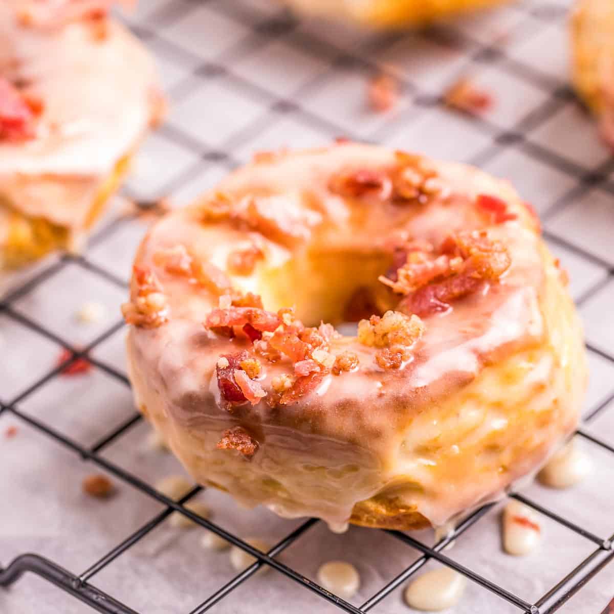 Air Fryer Maple Bacon Donuts with bacon crumble