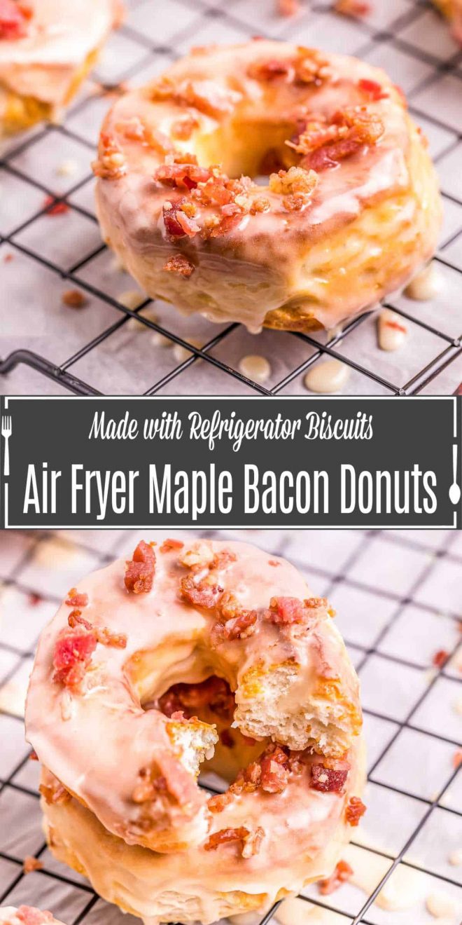 Pinterest image for Maple Bacon Air Fryer Donuts with title text