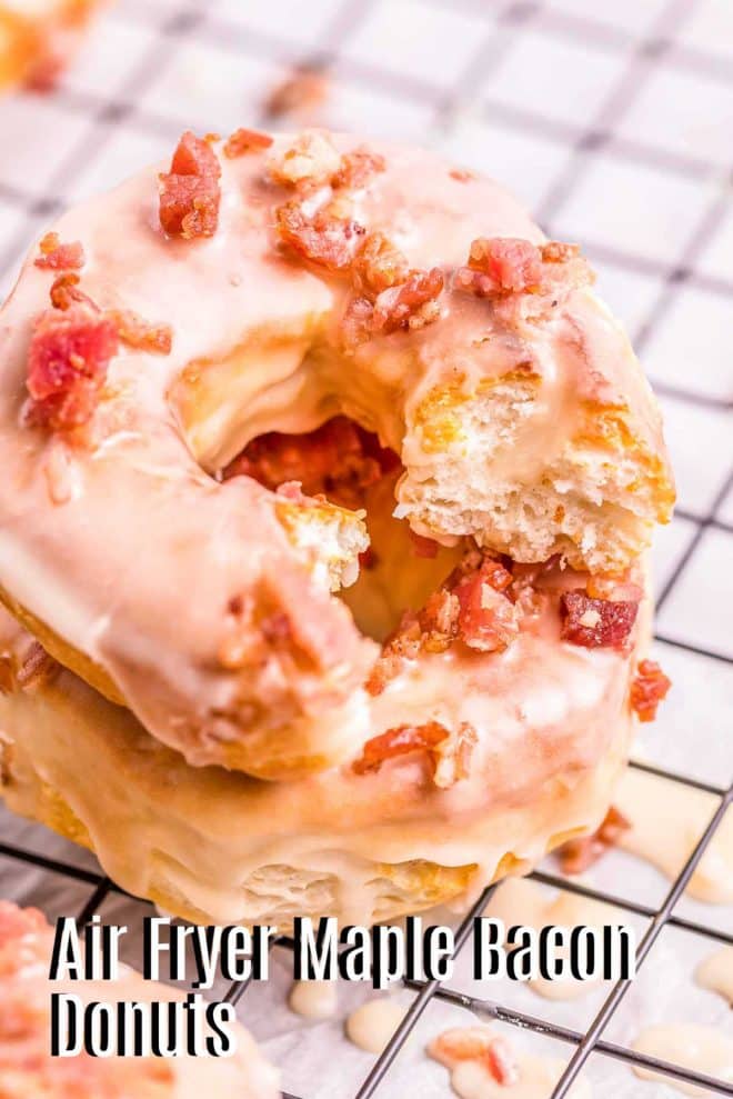 Pinterest image for Maple Bacon Air Fryer Donuts with title text