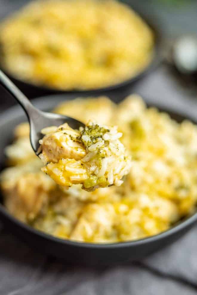 Cheesy Instant Pot Chicken and Rice on a spoon
