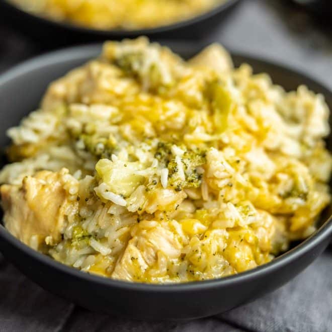 Cheesy Instant Pot Chicken and Rice in a black bowl