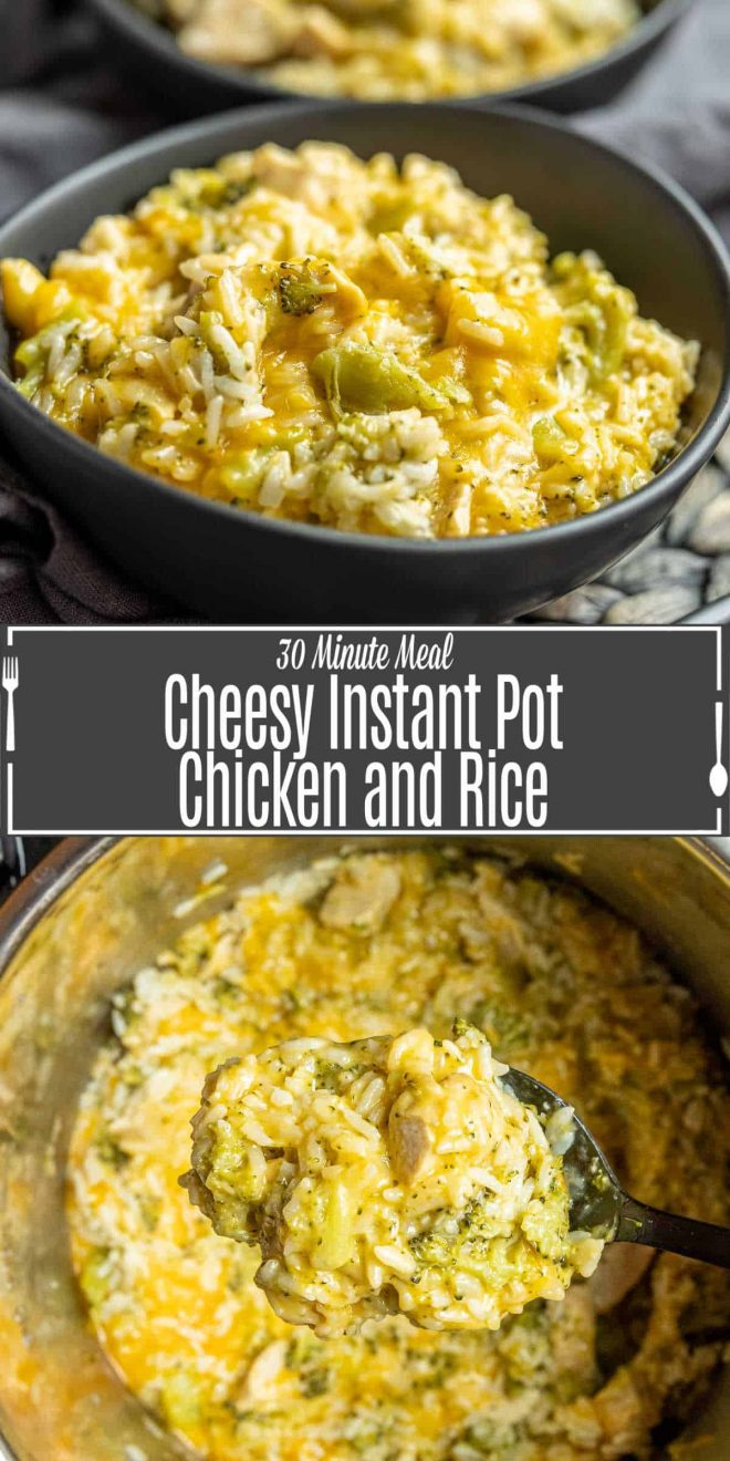 Pinterest iamge for Cheesy Instant Pot chicken and rice with broccoli with title text