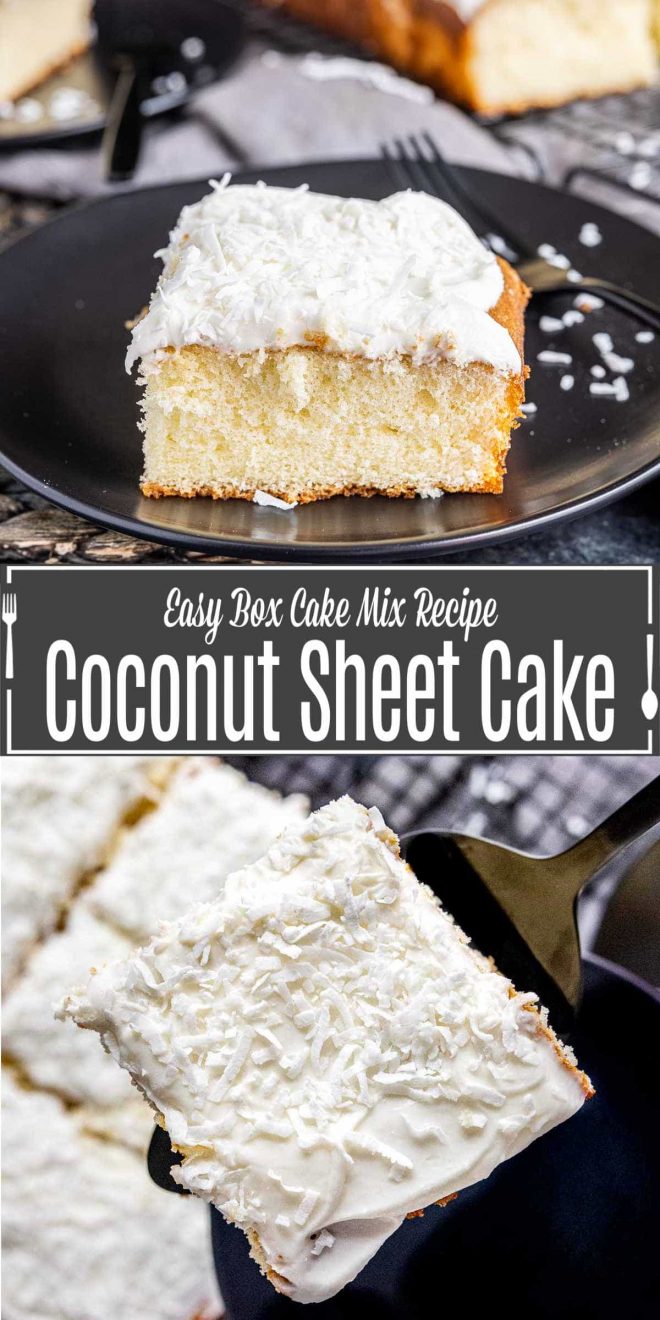 Pinterest image for Coconut Sheet Cake with title text