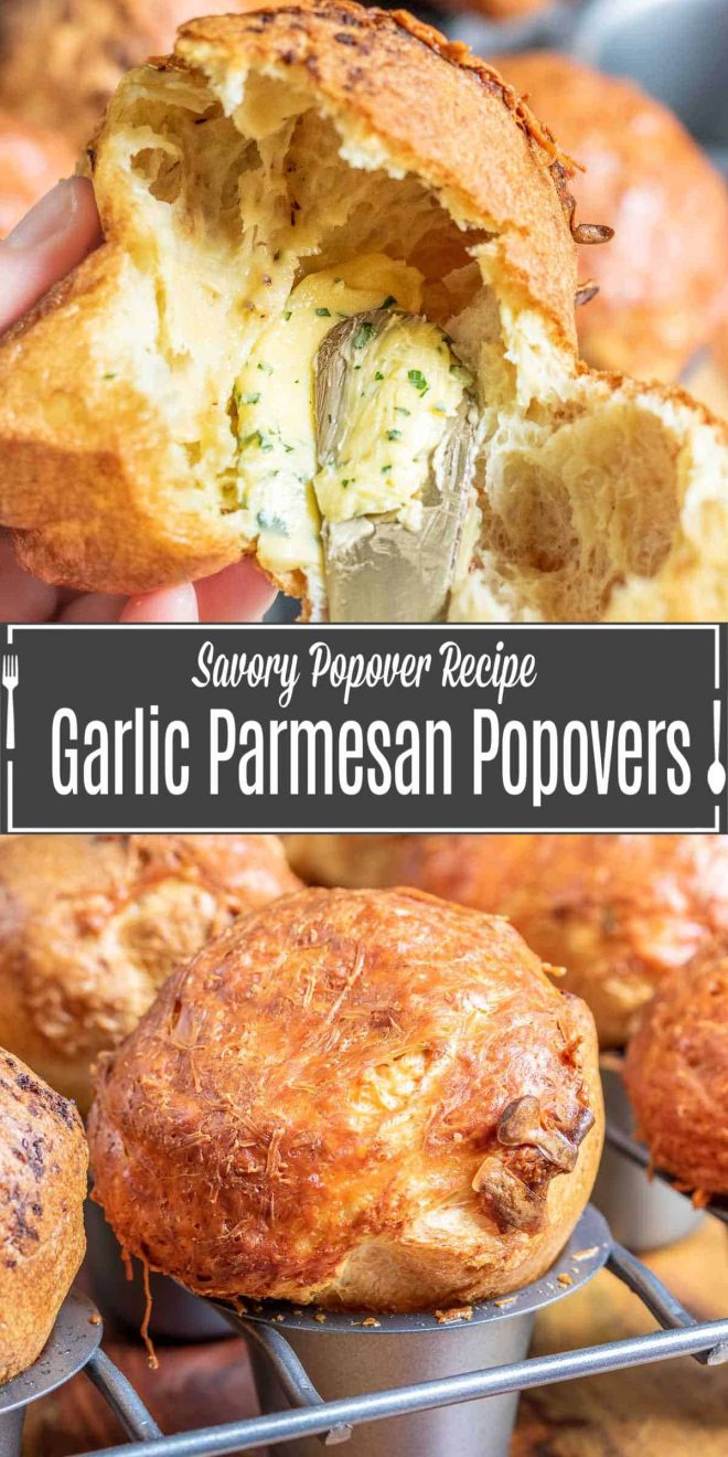 Pinterest image for Garlic Parmesan Popovers with title text