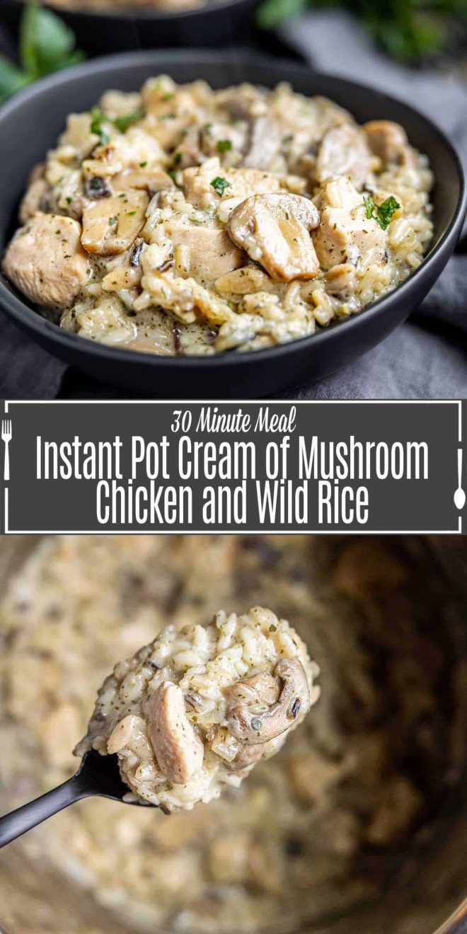 Pinterest image Instant Pot cream of mushroom chicken and wild rice with title text