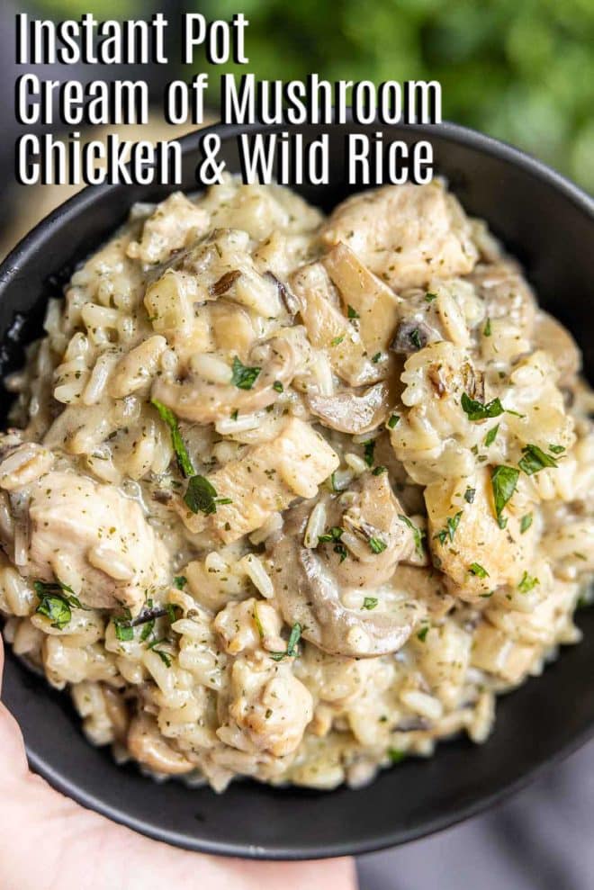 Pinterest image Instant Pot cream of mushroom chicken and wild rice with title text
