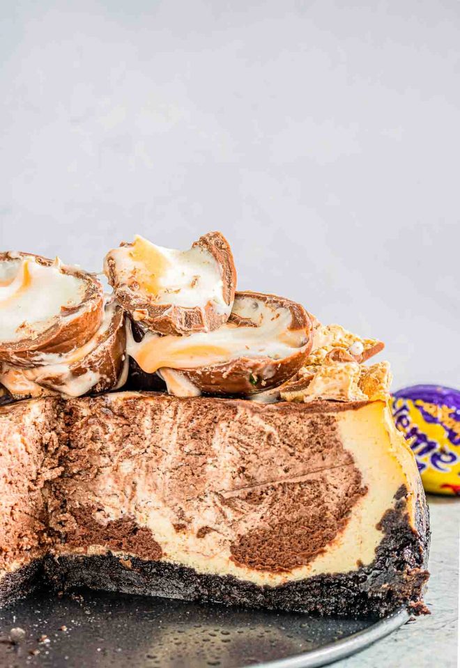 marble Instant Pot Easter Cheesecake with creme eggs